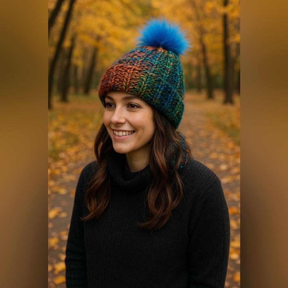 Homemade crochet teal blue pom Pom multicolored beanie hat